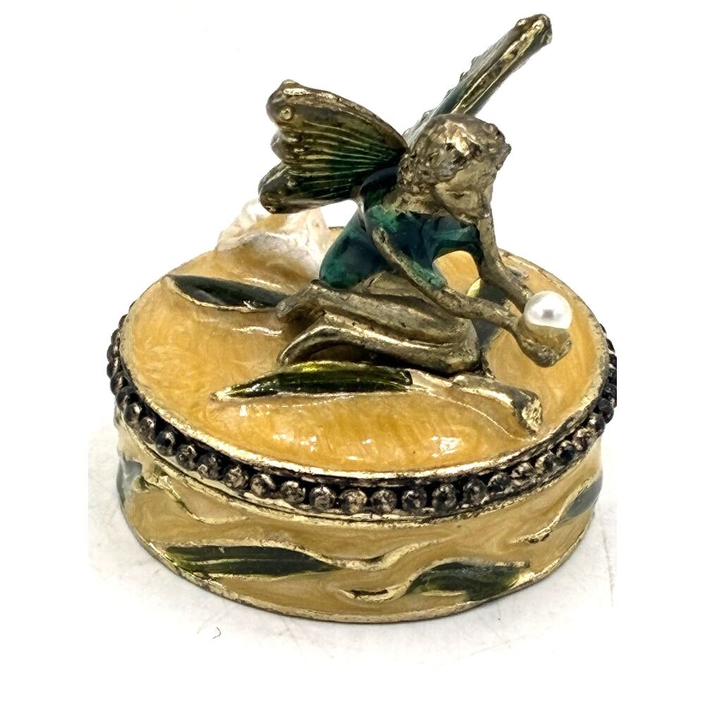 Fairy Pixie Enamel Trinket Pill Box Gold Green Pearl Accents Magnetic 1.5”